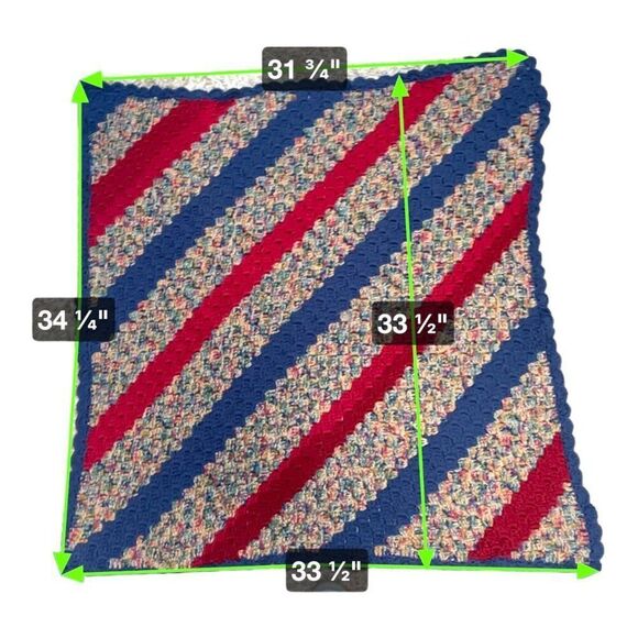 Handmade Crochet Striped Blanket Red Blue Tight Knit VTG Baby Chair Throw 34" - Picture 4 of 4